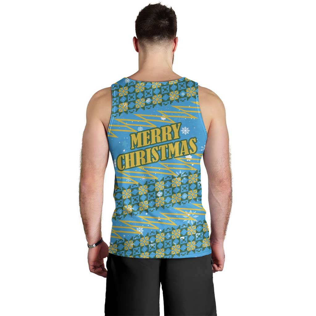 Rwanda Christmas Men Tank Top with Blue-Yellow Pattern, Festive Geometric Motifs, and Bold Typography - Wonder Print Shop