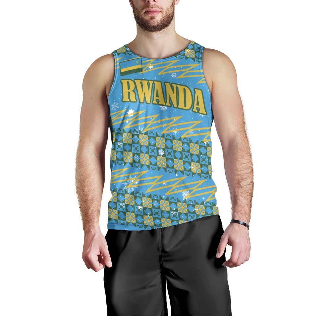 Rwanda Christmas Men Tank Top with Blue-Yellow Pattern, Festive Geometric Motifs, and Bold Typography - Wonder Print Shop