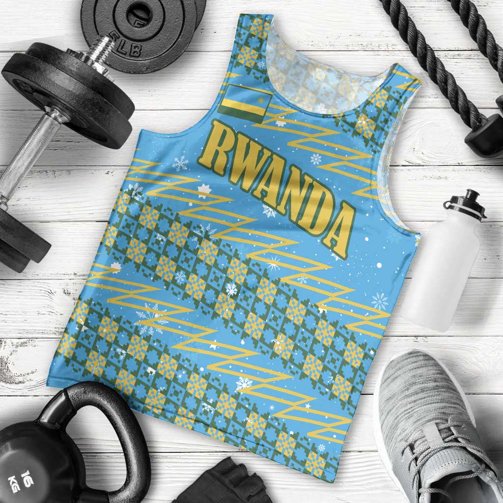 Rwanda Christmas Men Tank Top with Blue-Yellow Pattern, Festive Geometric Motifs, and Bold Typography - Wonder Print Shop