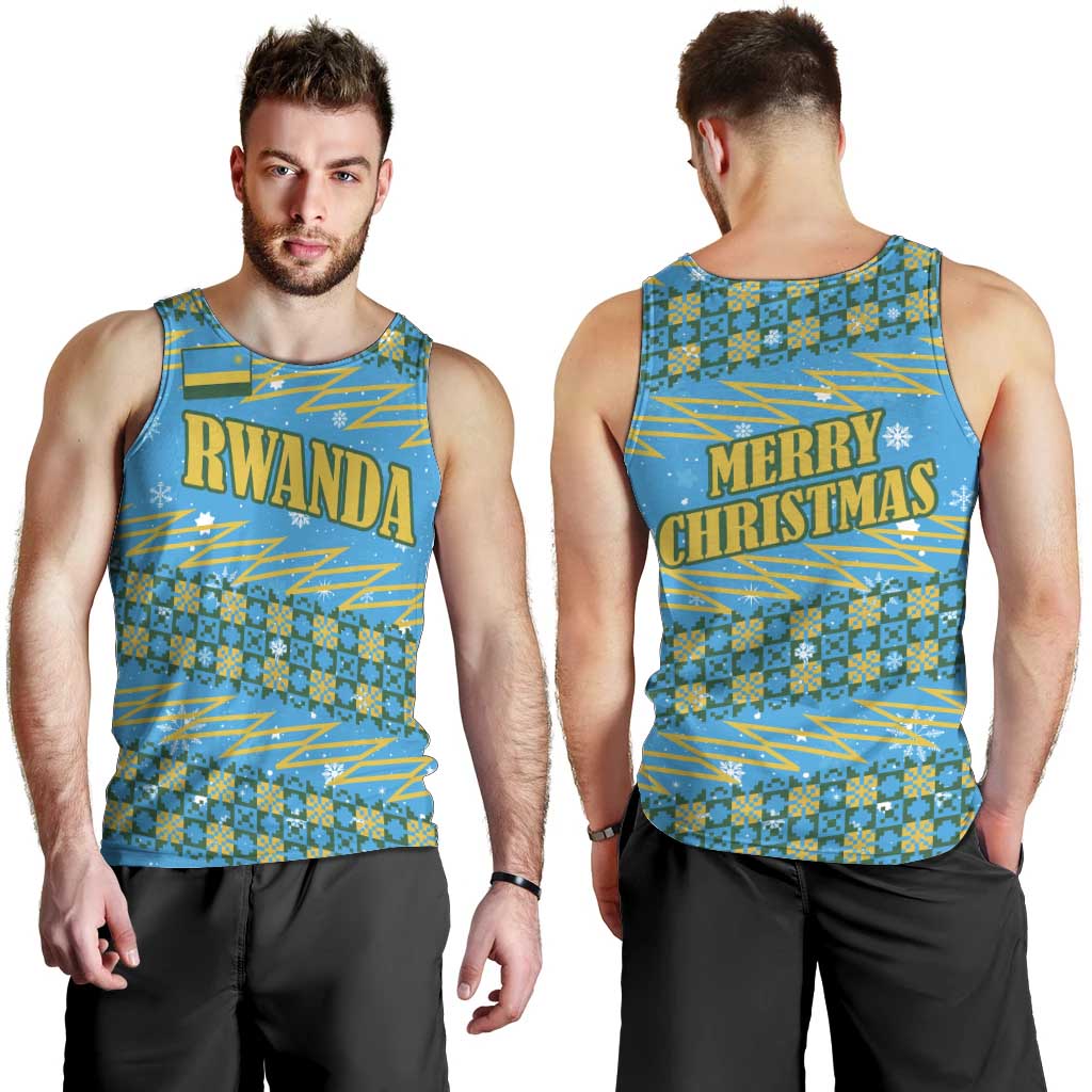 Rwanda Christmas Men Tank Top with Blue-Yellow Pattern, Festive Geometric Motifs, and Bold Typography - Wonder Print Shop
