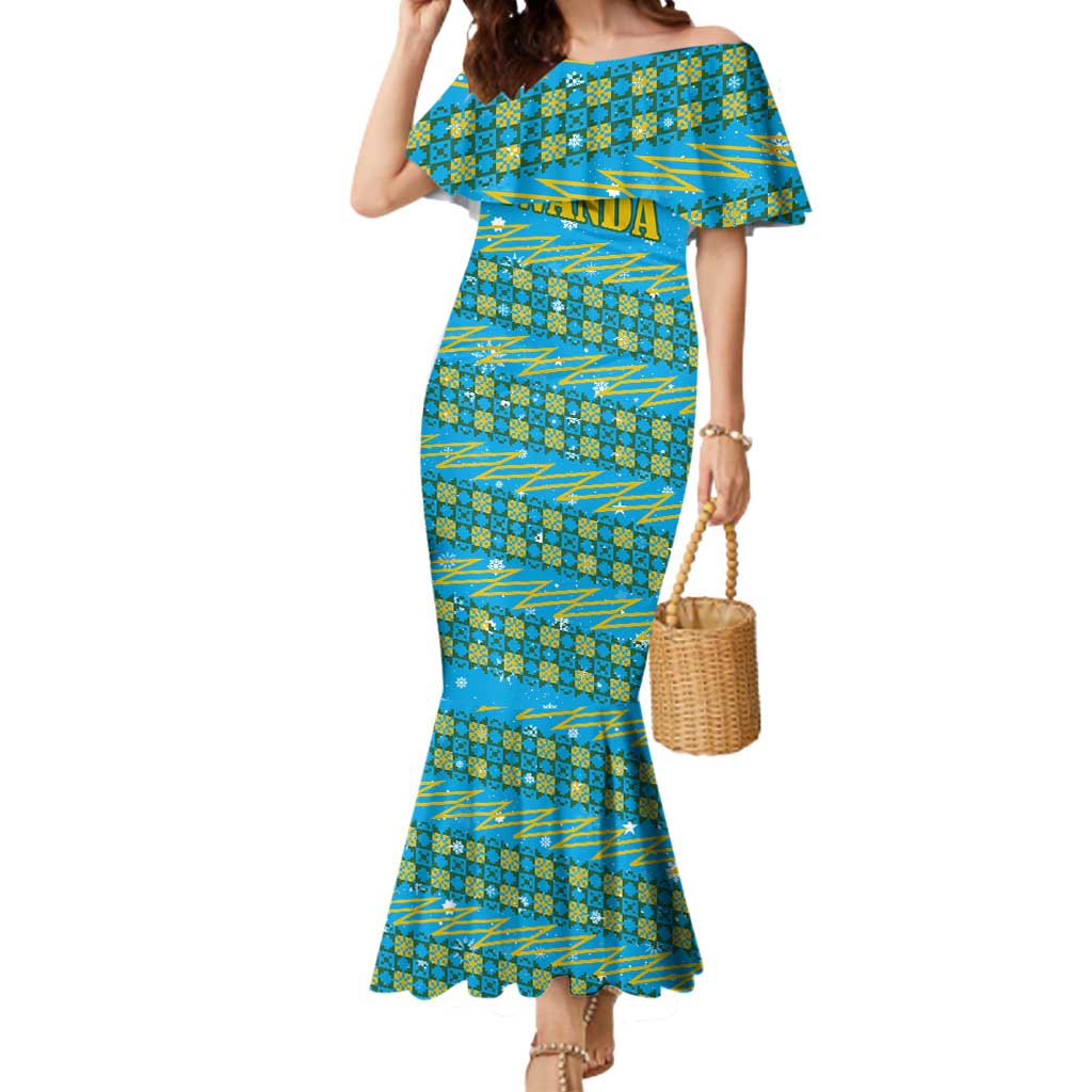 Rwanda Christmas Mermaid Dress with Blue-Yellow Pattern, Festive Geometric Motifs, and Bold Typography - Wonder Print Shop