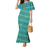 Rwanda Christmas Mermaid Dress with Blue-Yellow Pattern, Festive Geometric Motifs, and Bold Typography - Wonder Print Shop