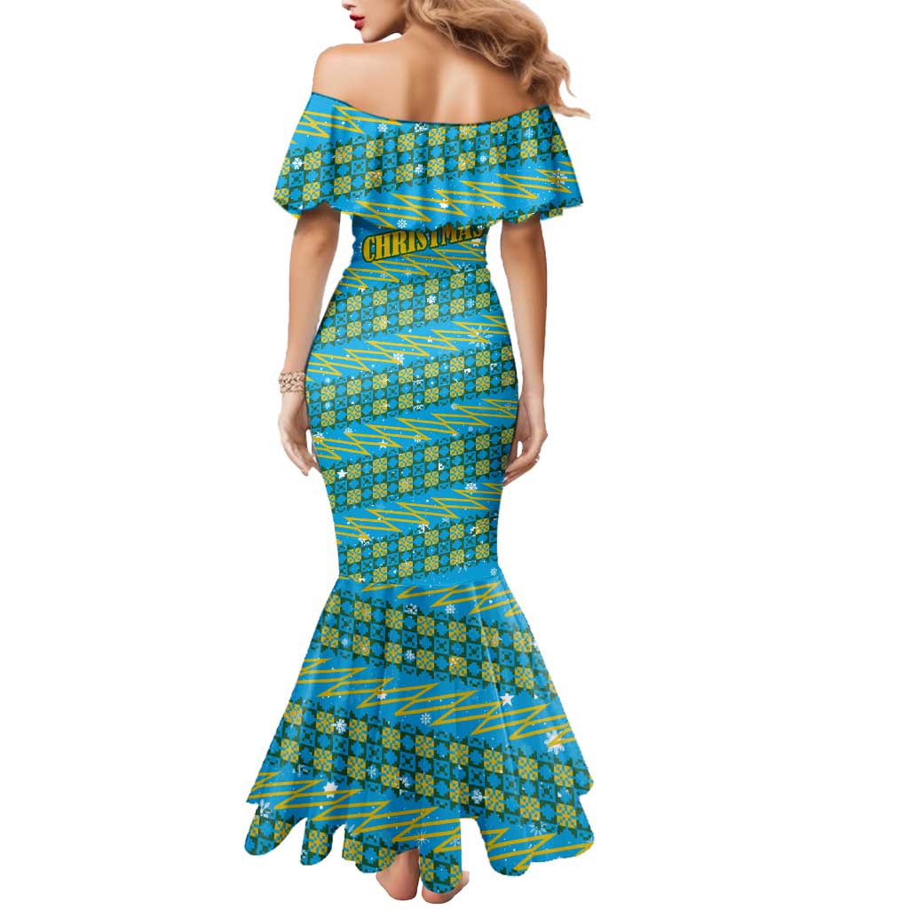 Rwanda Christmas Mermaid Dress with Blue-Yellow Pattern, Festive Geometric Motifs, and Bold Typography - Wonder Print Shop