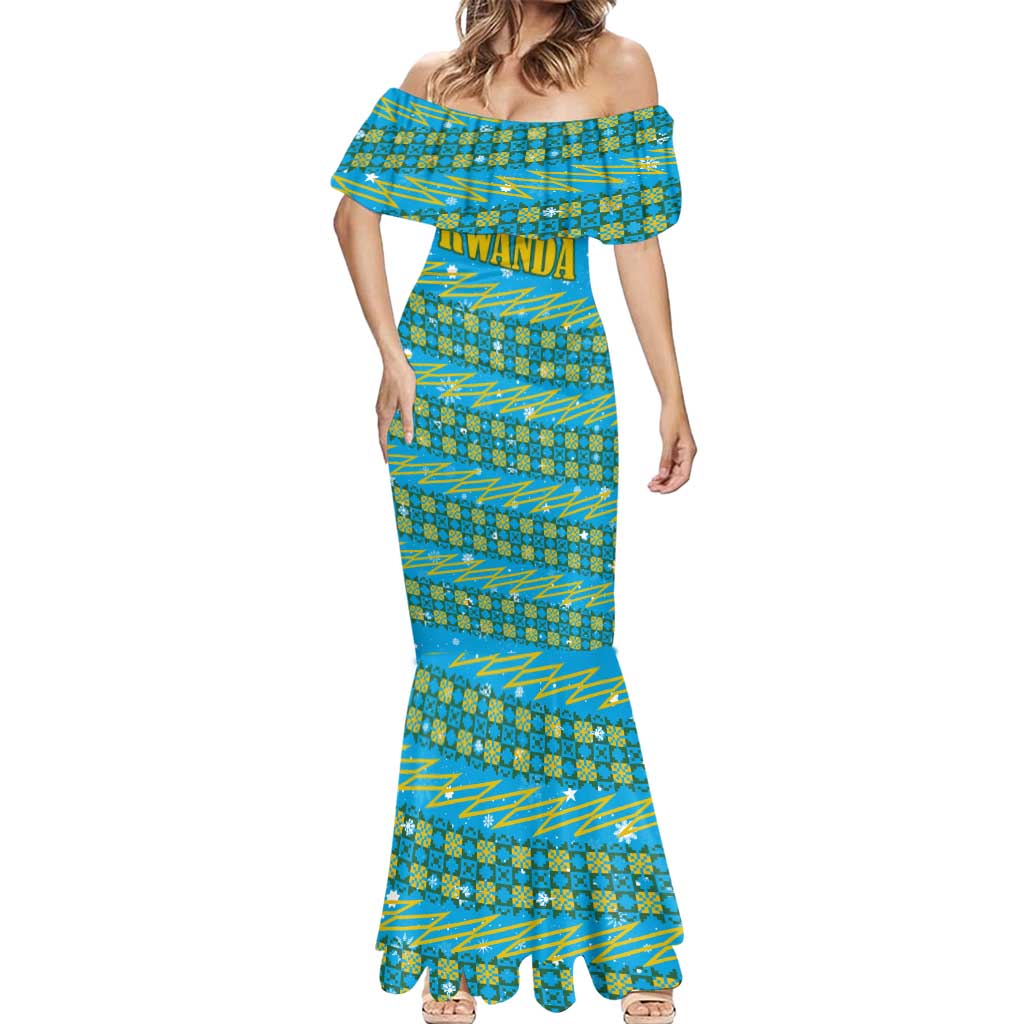 Rwanda Christmas Mermaid Dress with Blue-Yellow Pattern, Festive Geometric Motifs, and Bold Typography - Wonder Print Shop