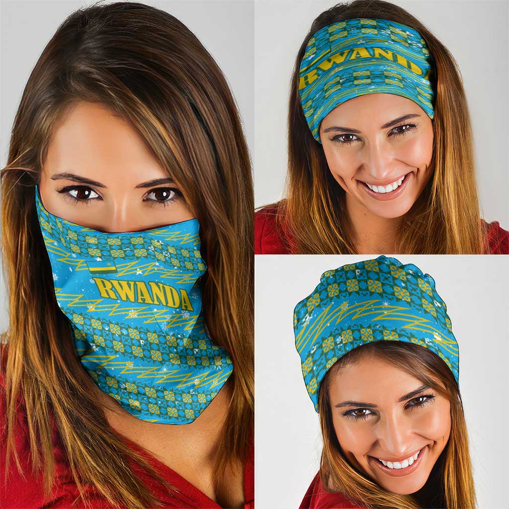 Rwanda Christmas Neck Gaiter with Blue-Yellow Pattern, Festive Geometric Motifs, and Bold Typography - Wonder Print Shop