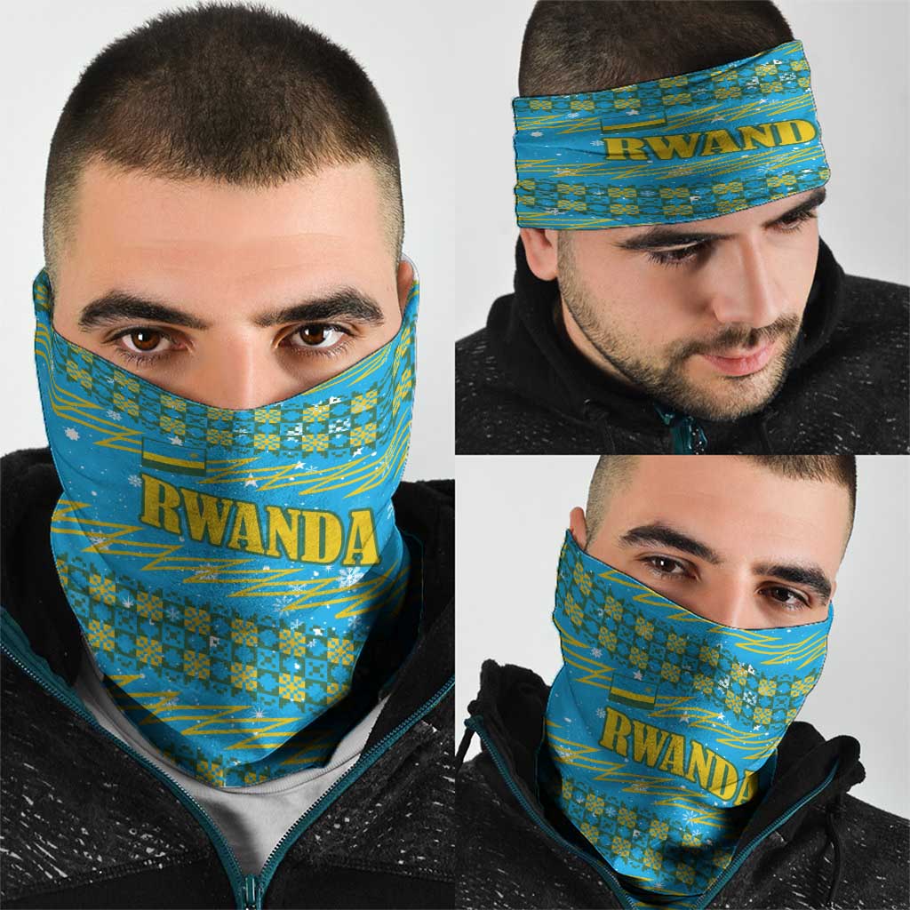 Rwanda Christmas Neck Gaiter with Blue-Yellow Pattern, Festive Geometric Motifs, and Bold Typography - Wonder Print Shop