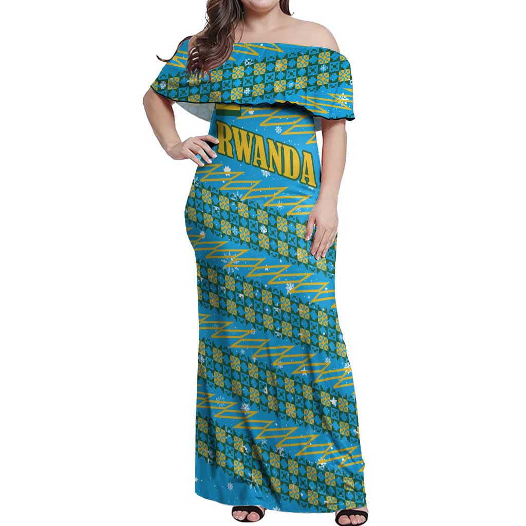Rwanda Christmas Off Shoulder Maxi Dress with Blue-Yellow Pattern, Festive Geometric Motifs, and Bold Typography - Wonder Print Shop