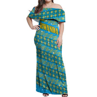 Rwanda Christmas Off Shoulder Maxi Dress with Blue-Yellow Pattern, Festive Geometric Motifs, and Bold Typography - Wonder Print Shop
