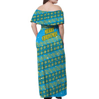 Rwanda Christmas Off Shoulder Maxi Dress with Blue-Yellow Pattern, Festive Geometric Motifs, and Bold Typography - Wonder Print Shop