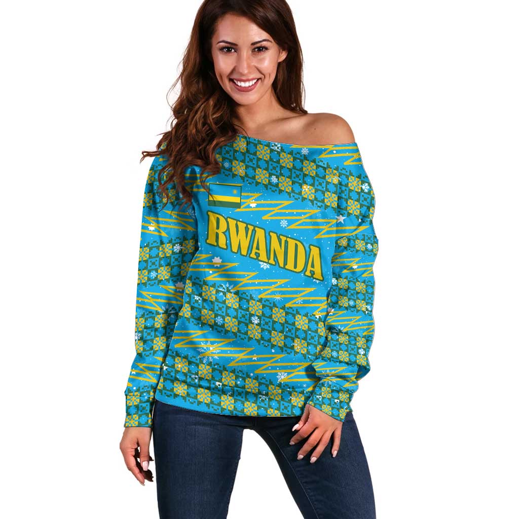 Rwanda Christmas Off Shoulder Sweater with Blue-Yellow Pattern, Festive Geometric Motifs, and Bold Typography - Wonder Print Shop