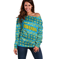 Rwanda Christmas Off Shoulder Sweater with Blue-Yellow Pattern, Festive Geometric Motifs, and Bold Typography - Wonder Print Shop