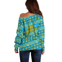Rwanda Christmas Off Shoulder Sweater with Blue-Yellow Pattern, Festive Geometric Motifs, and Bold Typography - Wonder Print Shop