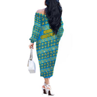 Rwanda Christmas Off The Shoulder Long Sleeve Dress with Blue-Yellow Pattern, Festive Geometric Motifs, and Bold Typography - Wonder Print Shop