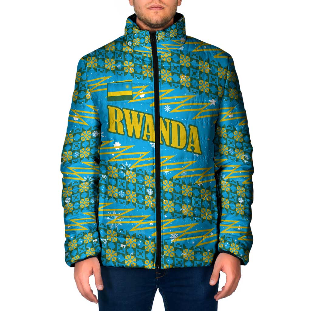 Rwanda Christmas Padded Jacket with Blue-Yellow Pattern, Festive Geometric Motifs, and Bold Typography - Wonder Print Shop