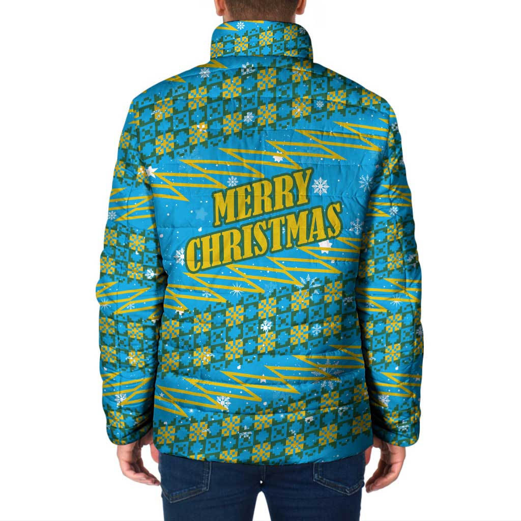 Rwanda Christmas Padded Jacket with Blue-Yellow Pattern, Festive Geometric Motifs, and Bold Typography - Wonder Print Shop
