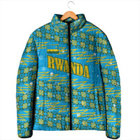 Rwanda Christmas Padded Jacket with Blue-Yellow Pattern, Festive Geometric Motifs, and Bold Typography - Wonder Print Shop