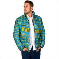 Rwanda Christmas Padded Jacket with Blue-Yellow Pattern, Festive Geometric Motifs, and Bold Typography - Wonder Print Shop