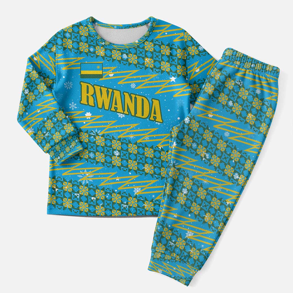 Rwanda Christmas Pajama Set with Blue-Yellow Pattern, Festive Geometric Motifs, and Bold Typography - Wonder Print Shop