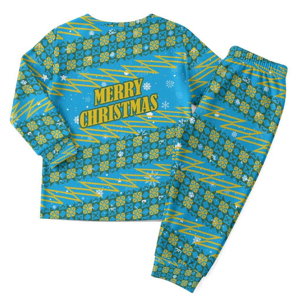 Rwanda Christmas Pajama Set with Blue-Yellow Pattern, Festive Geometric Motifs, and Bold Typography - Wonder Print Shop