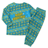 Rwanda Christmas Pajama Set with Blue-Yellow Pattern, Festive Geometric Motifs, and Bold Typography - Wonder Print Shop