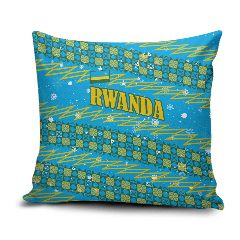 Rwanda Christmas Pillow Cover with Blue-Yellow Pattern, Festive Geometric Motifs, and Bold Typography - Wonder Print Shop