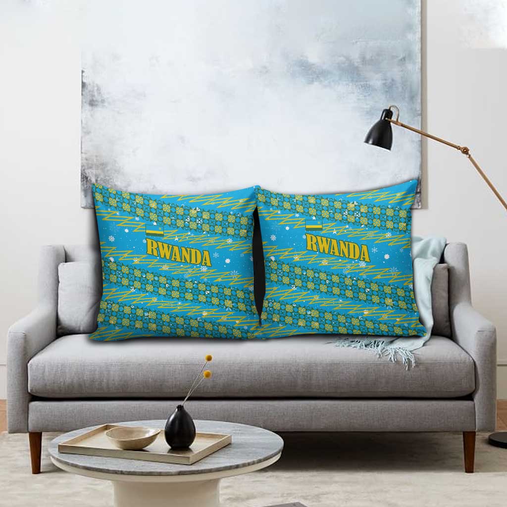 Rwanda Christmas Pillow Cover with Blue-Yellow Pattern, Festive Geometric Motifs, and Bold Typography - Wonder Print Shop