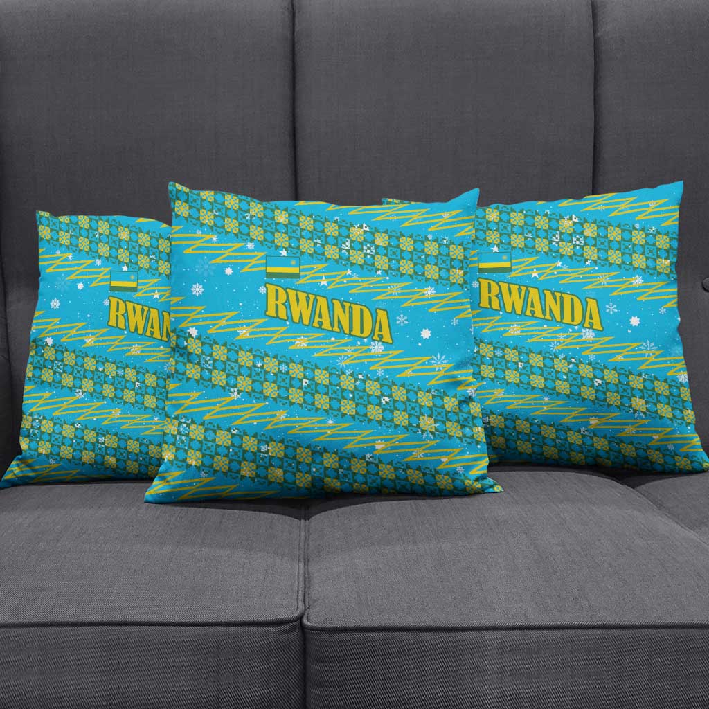 Rwanda Christmas Pillow Cover with Blue-Yellow Pattern, Festive Geometric Motifs, and Bold Typography - Wonder Print Shop