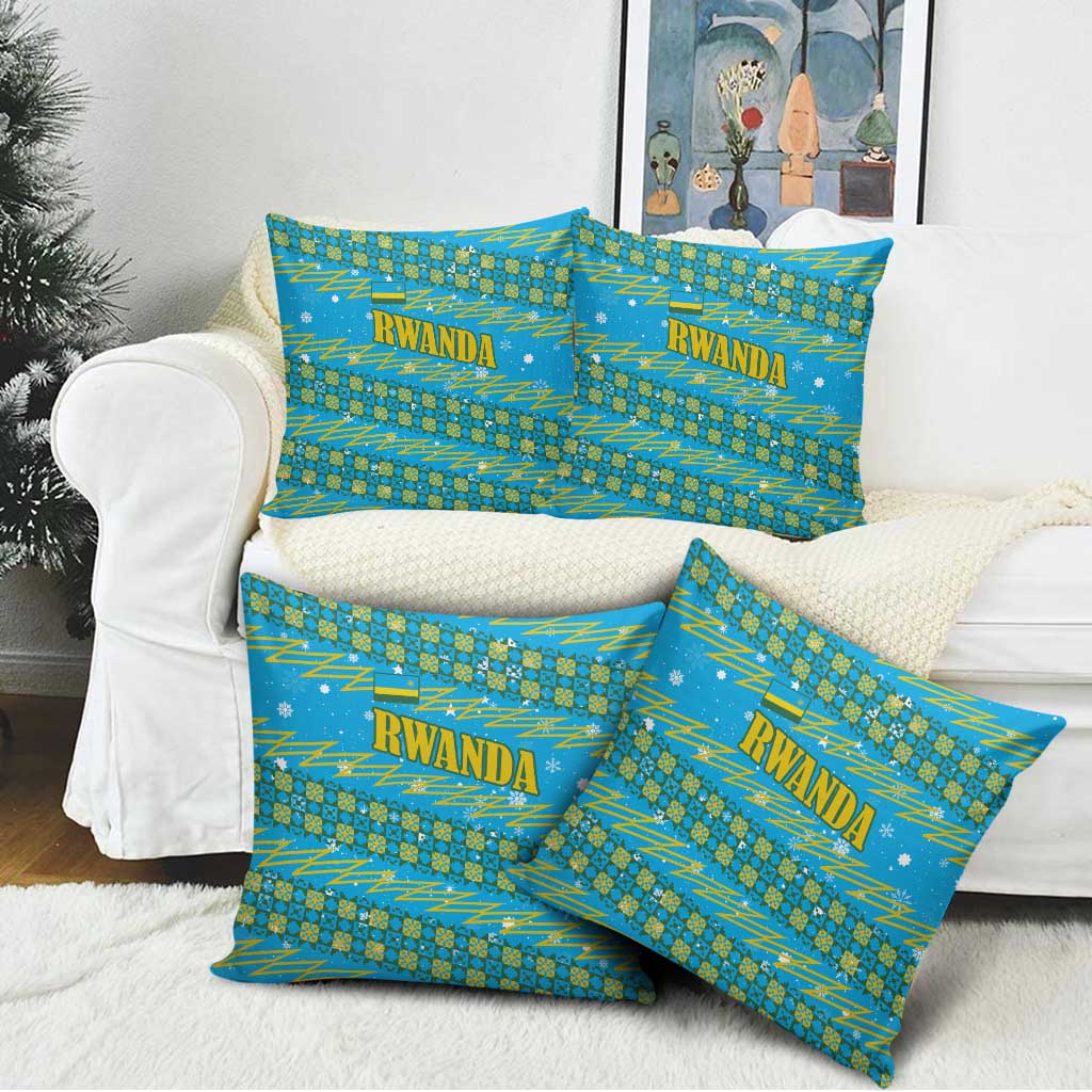 Rwanda Christmas Pillow Cover with Blue-Yellow Pattern, Festive Geometric Motifs, and Bold Typography - Wonder Print Shop