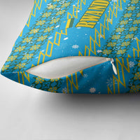 Rwanda Christmas Pillow Cover with Blue-Yellow Pattern, Festive Geometric Motifs, and Bold Typography - Wonder Print Shop