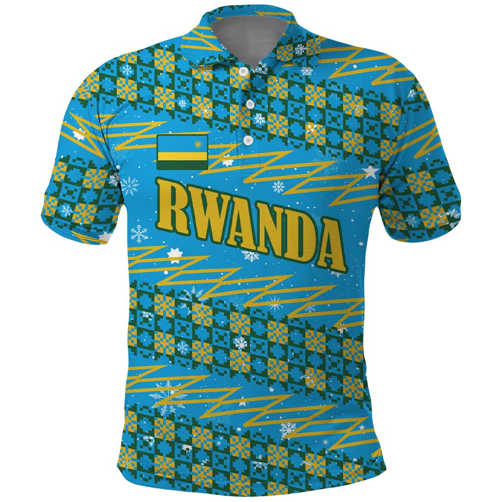 Rwanda Christmas Polo Shirt with Blue-Yellow Pattern, Festive Geometric Motifs, and Bold Typography - Wonder Print Shop
