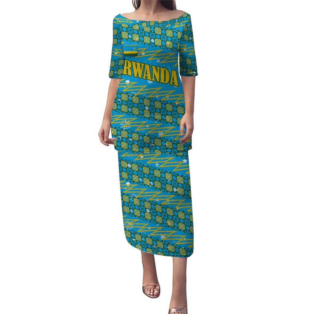 Rwanda Christmas Puletasi with Blue-Yellow Pattern, Festive Geometric Motifs, and Bold Typography - Wonder Print Shop