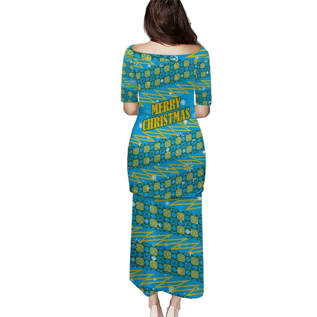 Rwanda Christmas Puletasi with Blue-Yellow Pattern, Festive Geometric Motifs, and Bold Typography - Wonder Print Shop