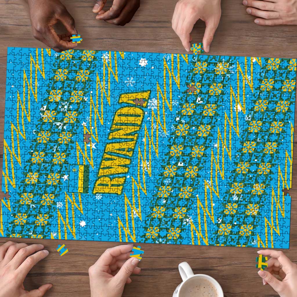 Rwanda Christmas Puzzle with Blue-Yellow Pattern, Festive Geometric Motifs, and Bold Typography - Wonder Print Shop