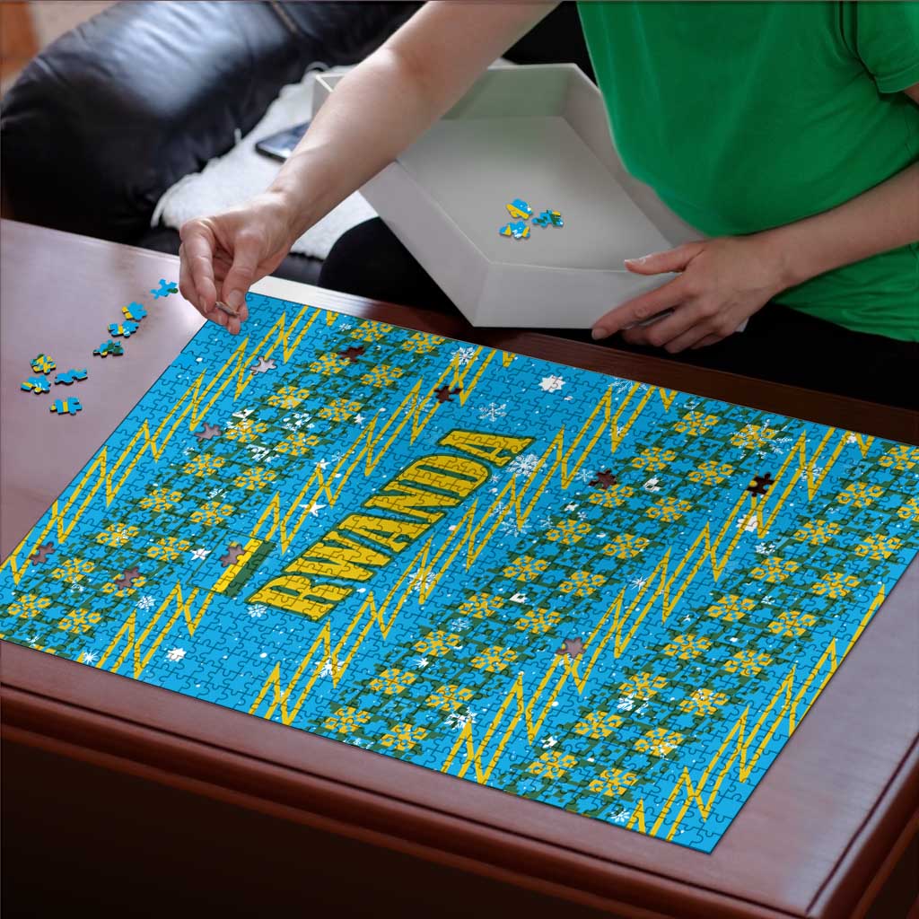 Rwanda Christmas Puzzle with Blue-Yellow Pattern, Festive Geometric Motifs, and Bold Typography - Wonder Print Shop