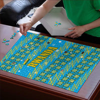 Rwanda Christmas Puzzle with Blue-Yellow Pattern, Festive Geometric Motifs, and Bold Typography - Wonder Print Shop