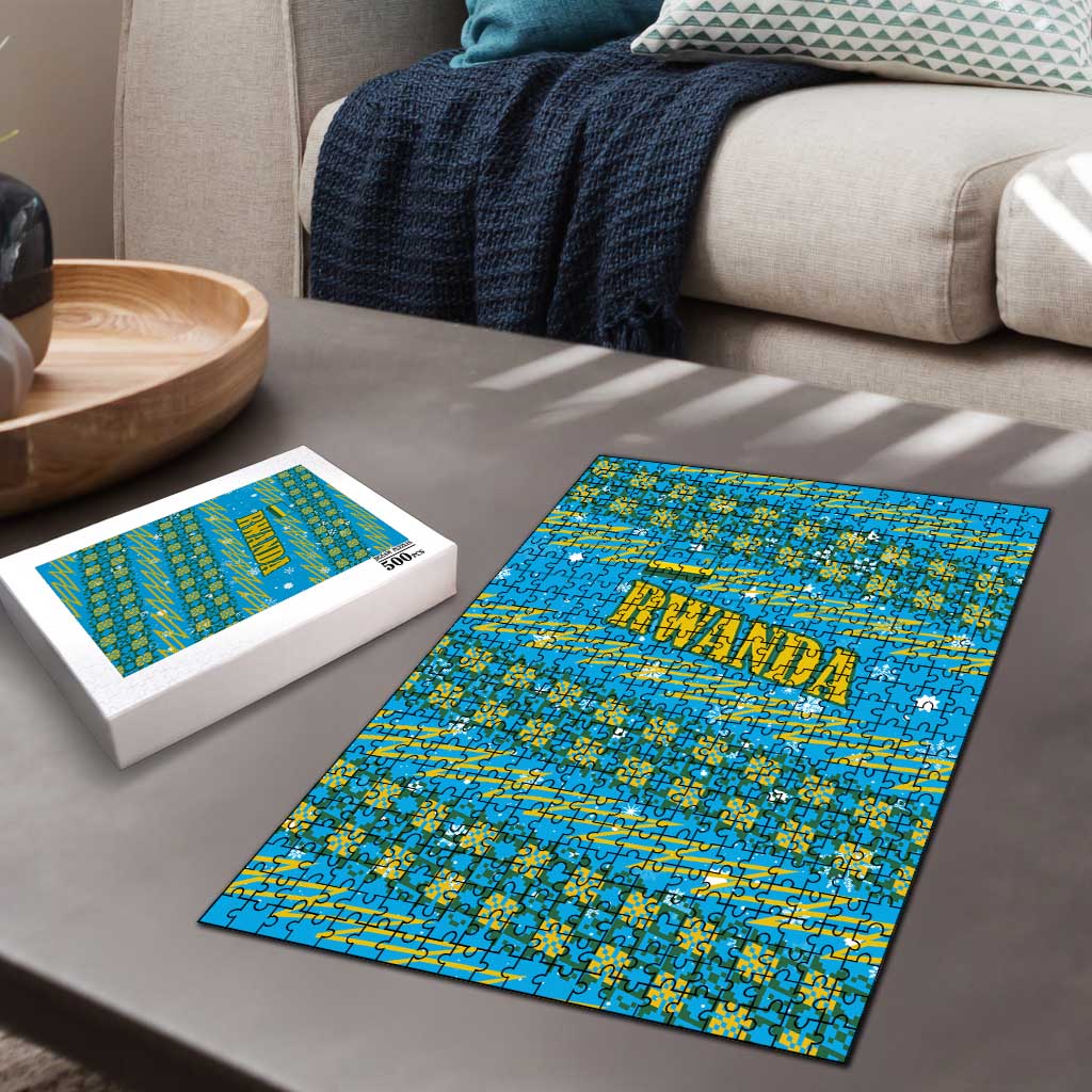 Rwanda Christmas Puzzle with Blue-Yellow Pattern, Festive Geometric Motifs, and Bold Typography - Wonder Print Shop
