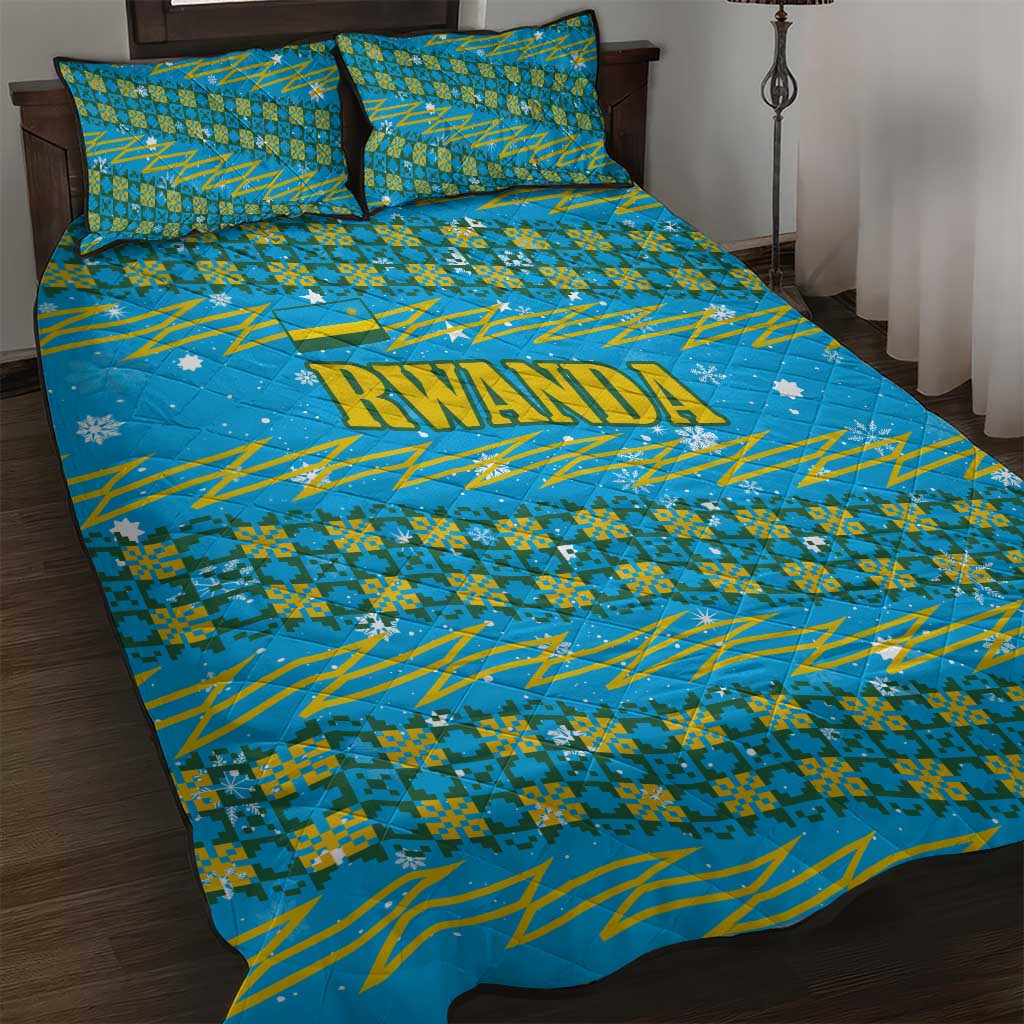 Rwanda Christmas Quilt Bed Set with Blue-Yellow Pattern, Festive Geometric Motifs, and Bold Typography - Wonder Print Shop