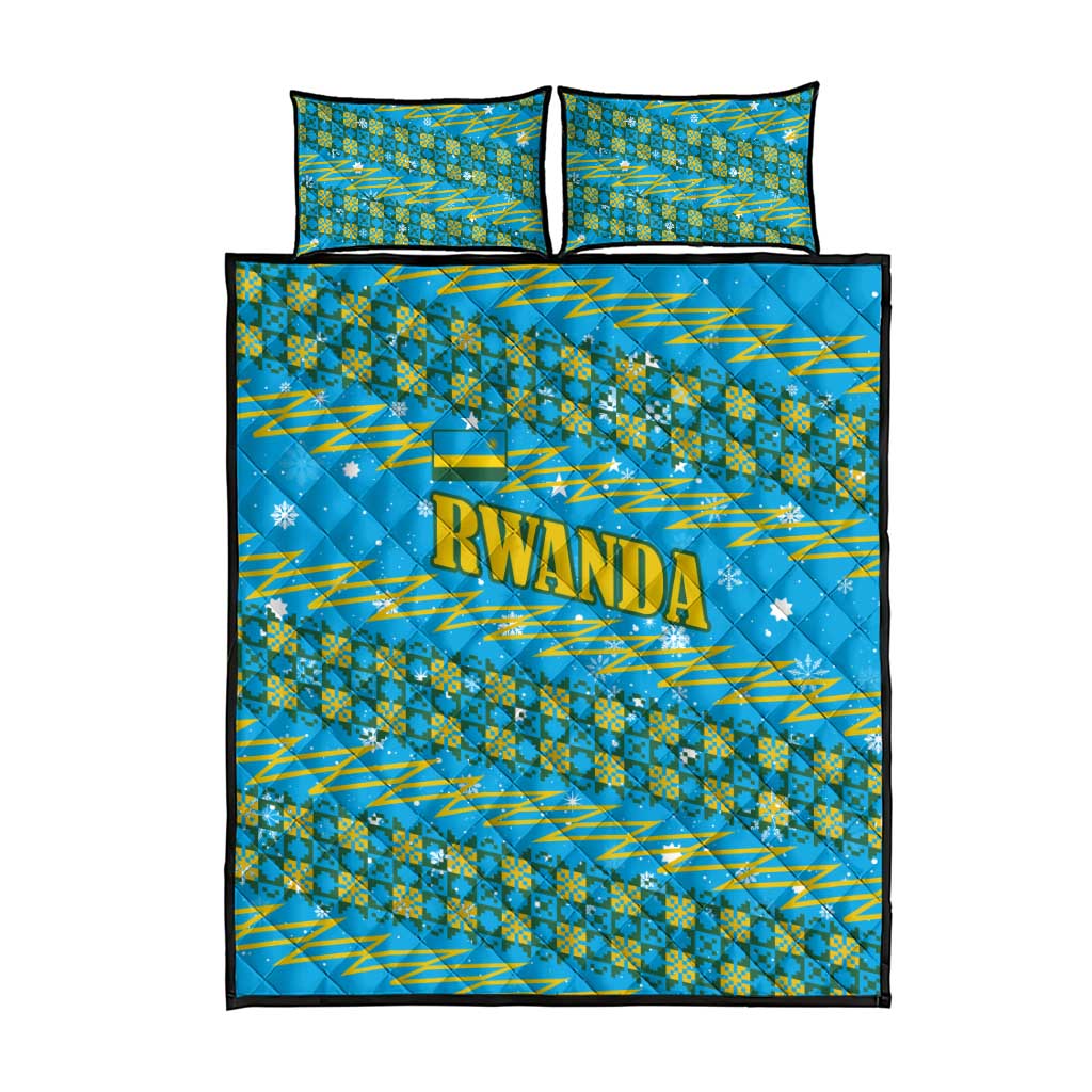 Rwanda Christmas Quilt Bed Set with Blue-Yellow Pattern, Festive Geometric Motifs, and Bold Typography - Wonder Print Shop