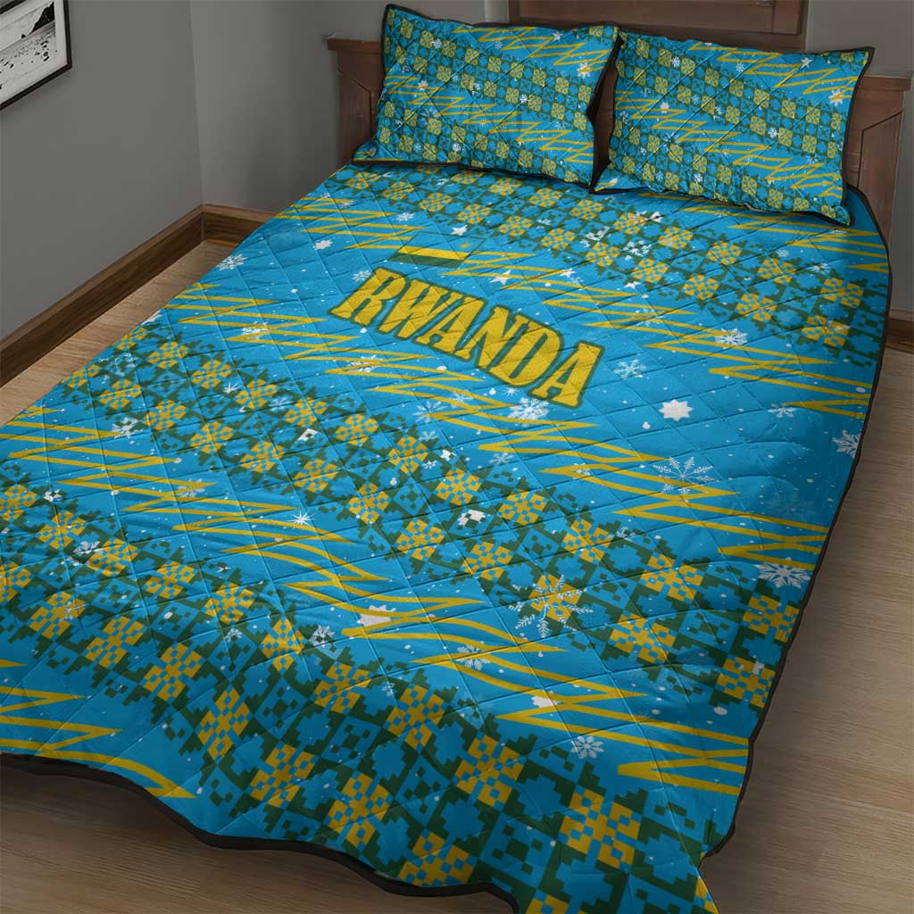 Rwanda Christmas Quilt Bed Set with Blue-Yellow Pattern, Festive Geometric Motifs, and Bold Typography - Wonder Print Shop