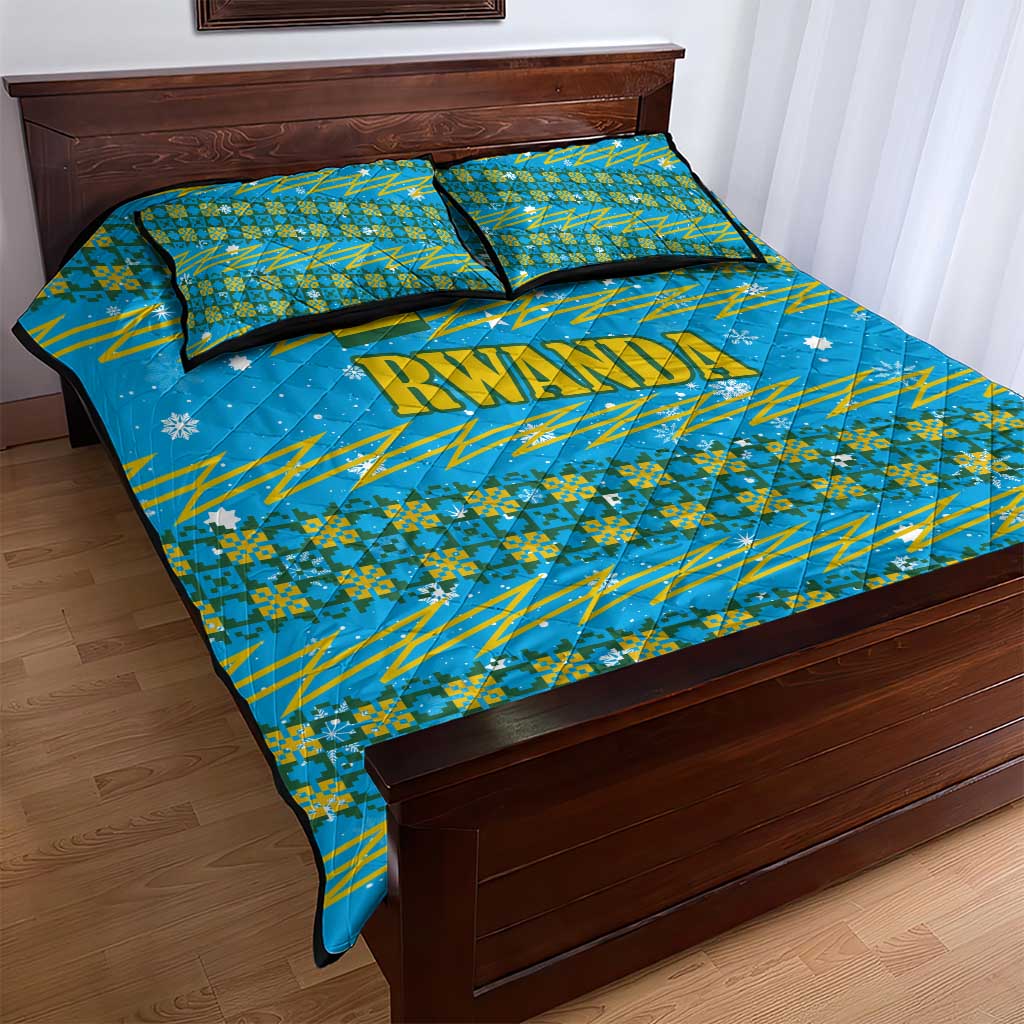 Rwanda Christmas Quilt Bed Set with Blue-Yellow Pattern, Festive Geometric Motifs, and Bold Typography - Wonder Print Shop