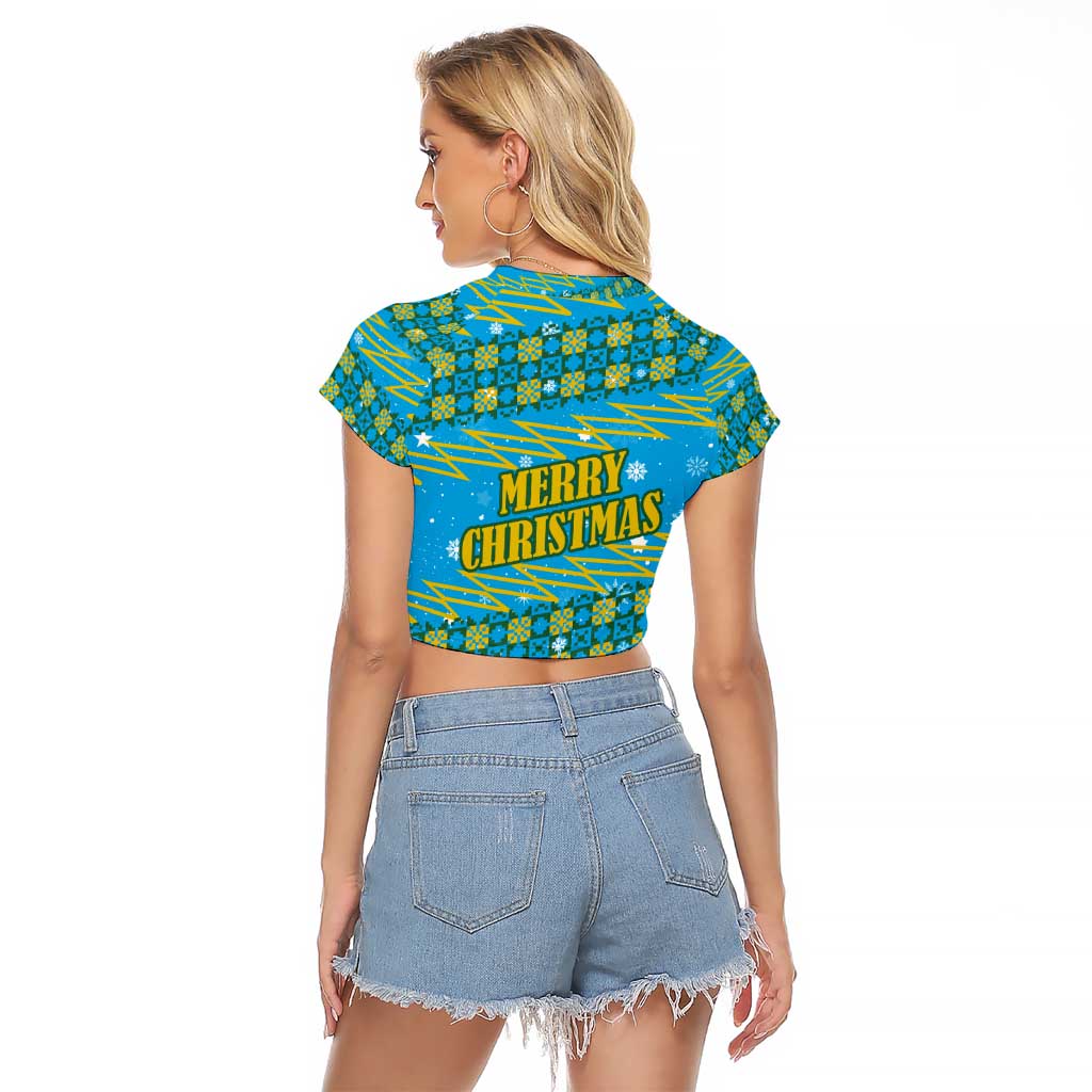 Rwanda Christmas Raglan Cropped T Shirt with Blue-Yellow Pattern, Festive Geometric Motifs, and Bold Typography - Wonder Print Shop