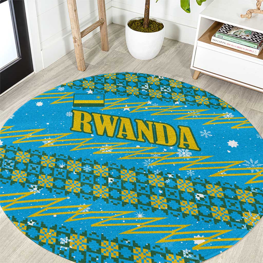 Rwanda Christmas Round Carpet with Blue-Yellow Pattern, Festive Geometric Motifs, and Bold Typography - Wonder Print Shop