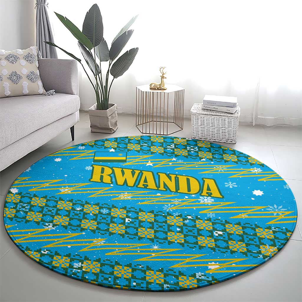 Rwanda Christmas Round Carpet with Blue-Yellow Pattern, Festive Geometric Motifs, and Bold Typography - Wonder Print Shop