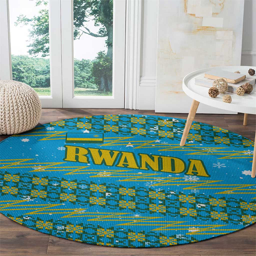 Rwanda Christmas Round Carpet with Blue-Yellow Pattern, Festive Geometric Motifs, and Bold Typography - Wonder Print Shop