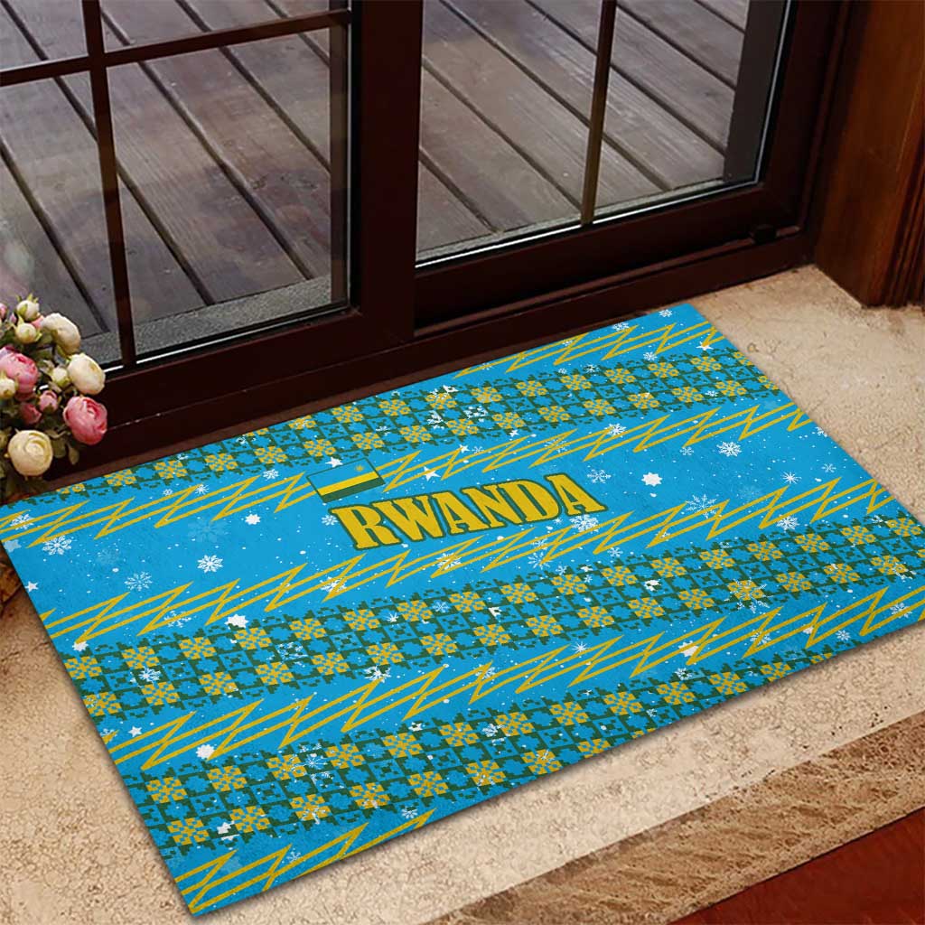 Rwanda Christmas Rubber Doormat with Blue-Yellow Pattern, Festive Geometric Motifs, and Bold Typography - Wonder Print Shop