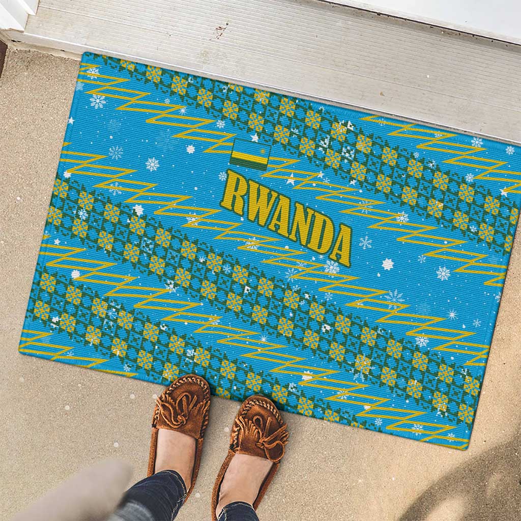 Rwanda Christmas Rubber Doormat with Blue-Yellow Pattern, Festive Geometric Motifs, and Bold Typography - Wonder Print Shop