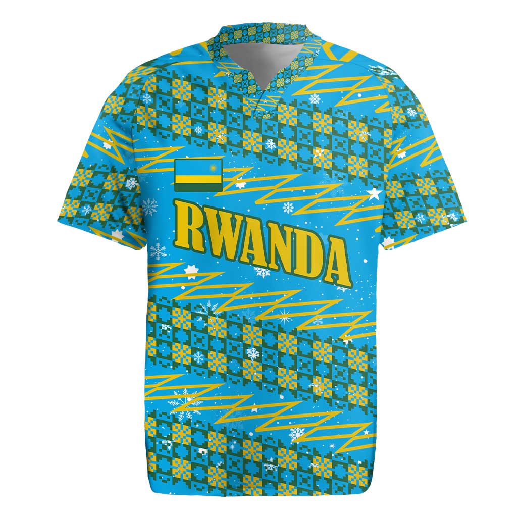 Rwanda Christmas Rugby Jersey with Blue-Yellow Pattern, Festive Geometric Motifs, and Bold Typography - Wonder Print Shop