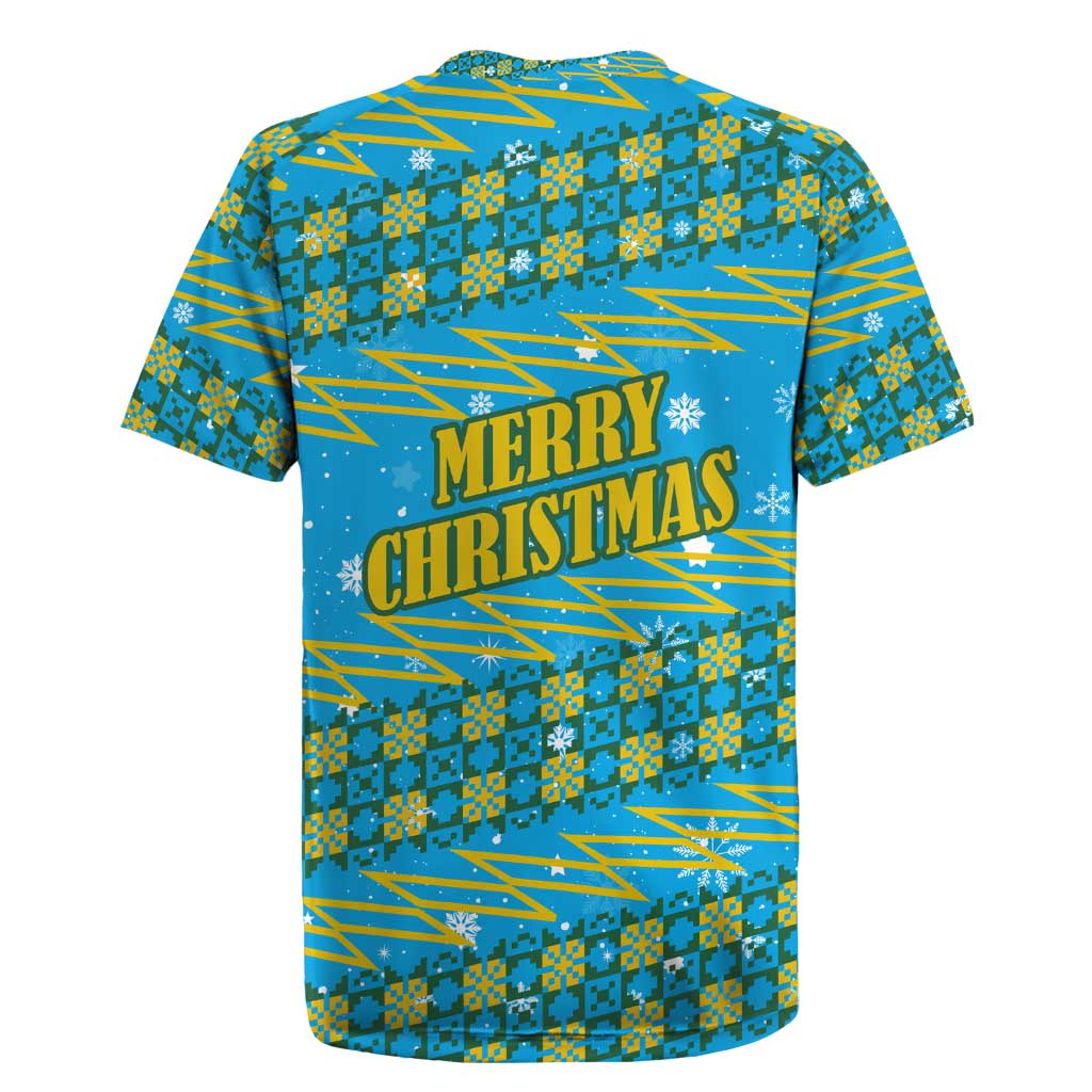 Rwanda Christmas Rugby Jersey with Blue-Yellow Pattern, Festive Geometric Motifs, and Bold Typography - Wonder Print Shop