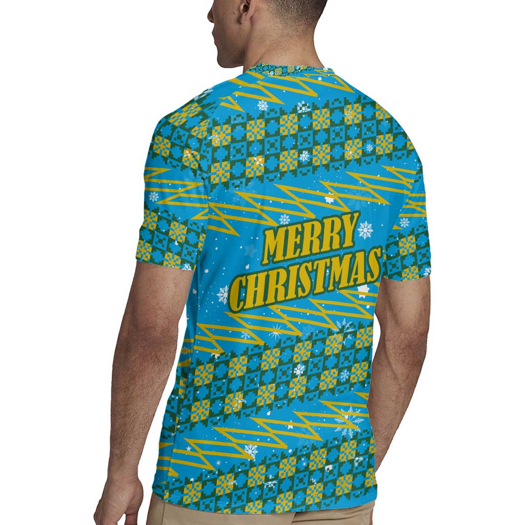 Rwanda Christmas Rugby Jersey with Blue-Yellow Pattern, Festive Geometric Motifs, and Bold Typography - Wonder Print Shop
