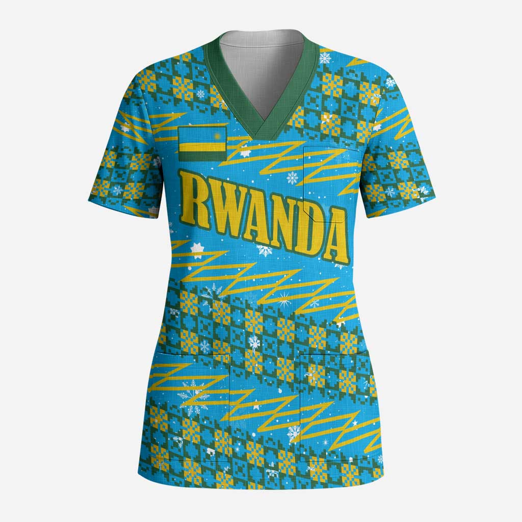 Rwanda Christmas Scrub Top with Blue-Yellow Pattern, Festive Geometric Motifs, and Bold Typography - Wonder Print Shop